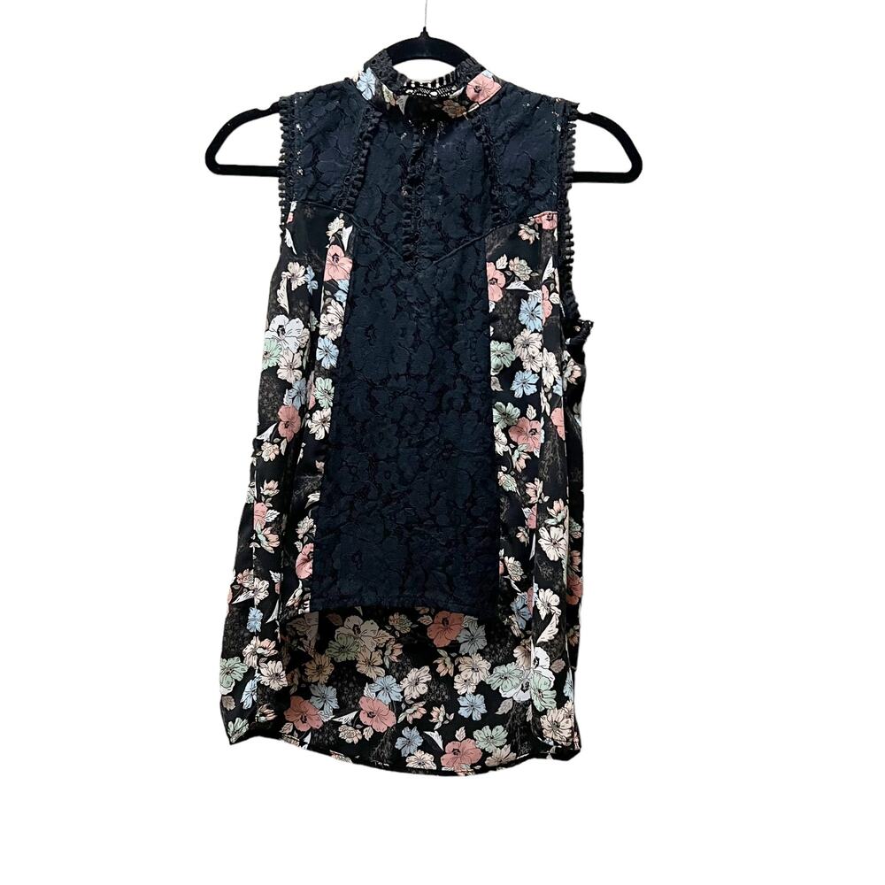 Self Esteem Blouse Black Floral Lace Pom Pom Crew Neck Sleeveless Top Hi-Back L